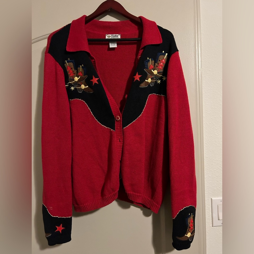 Tiara international cowboy/cowgirl embroidered red knit cardigan